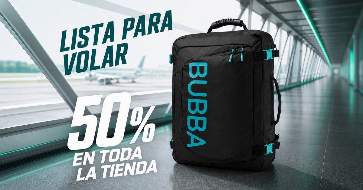 Mochila negra y oferta del cincuenta por ciento